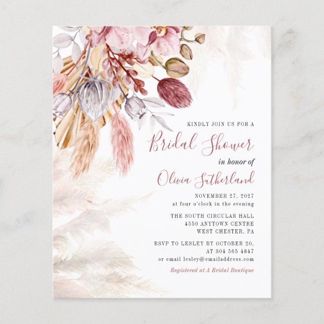 Budget Pampas Grass Botanical Script Bridal Shower (Front)