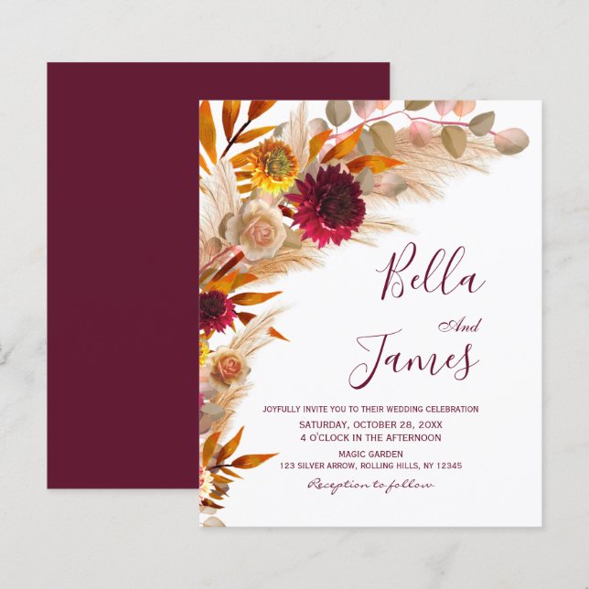 Budget Pampas Grass Floral Boho Wedding Invite (Front/Back)