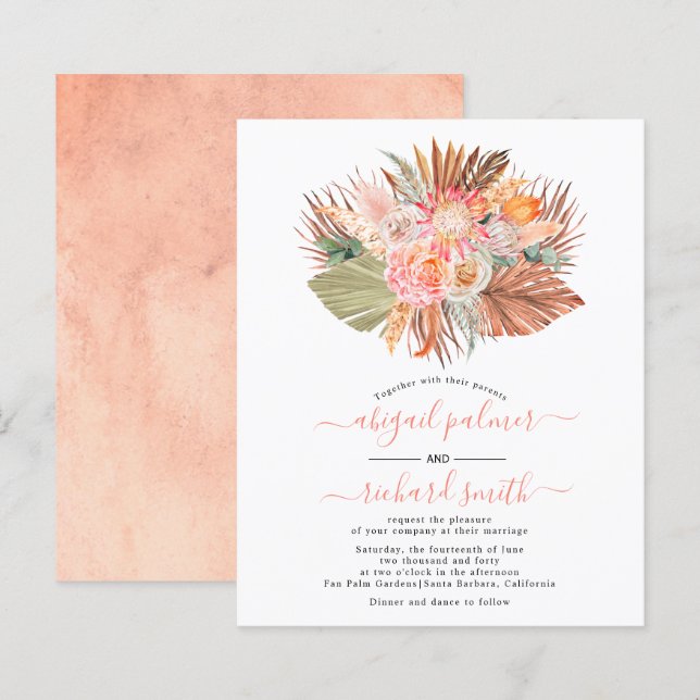 BUDGET Pampas grass palm leaf wedding invitation (Front/Back)