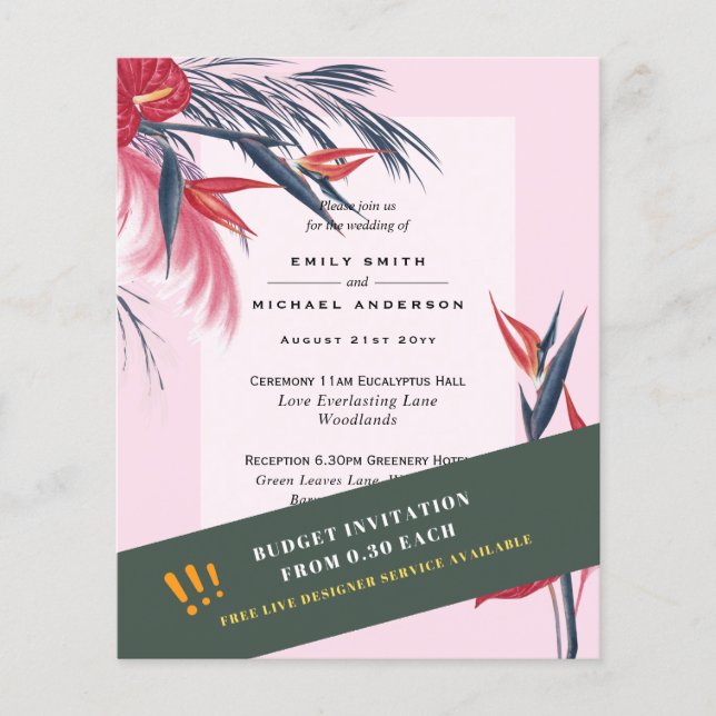BUDGET Pampas Grass Tropical Pink Wedding Invite Flyer (Front)