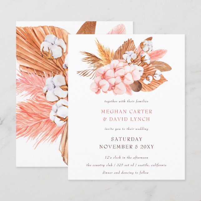 Budget Pampas Orchids Blush Wedding Invitation (Front/Back)