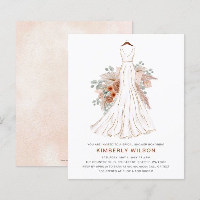 Budget Pampas Wedding Dress Bridal Shower Invite (Front/Back)