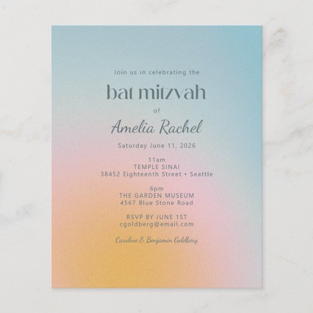 Budget Pastel Blue Gradient Bat Mitzvah Invite (Front)