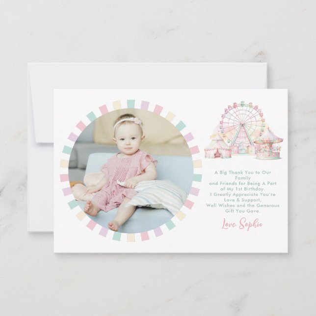 BUDGET Pastel Colour Carnival Circus Birthday Phot Thank You Card (Front)