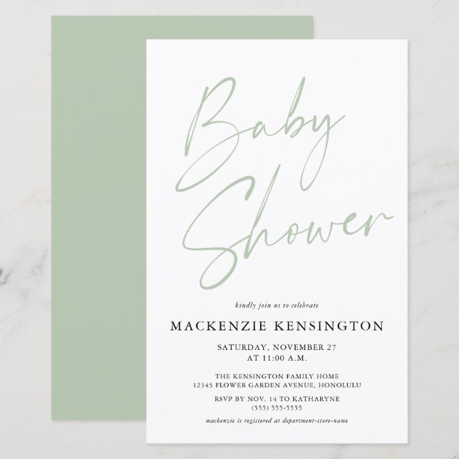 Budget Pastel Sage Green Simple Script Baby Shower (Front/Back)