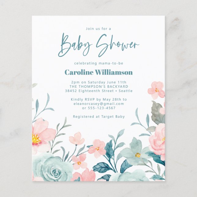 Budget Pastel Teal Pink Floral Baby Shower Invite (Front)
