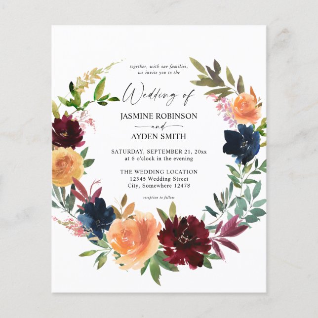 Budget Peach, Burgundy & Navy Fall Floral Wedding Flyer (Front)