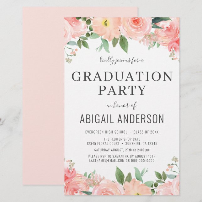 Budget Peach Coral Floral Graduation Invitation (Front/Back)