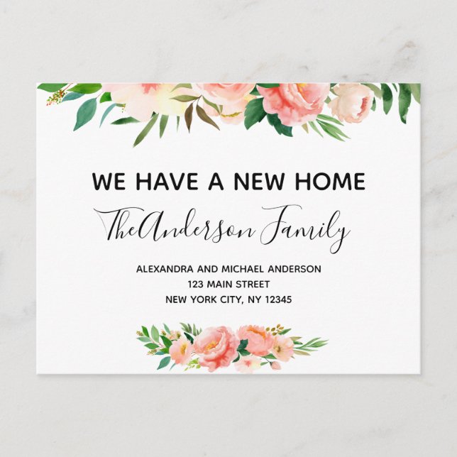 Budget Peach Coral Floral Moving Announcement Post Postcard (Front)