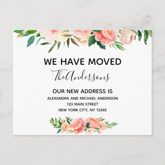 Budget Peach Coral Floral Moving Announcement Postcard (Front)