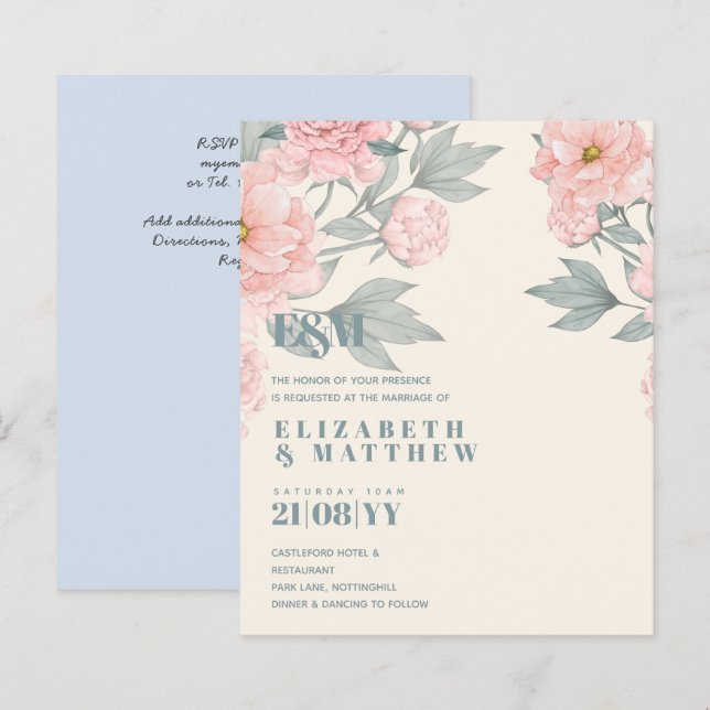 Budget Peach Floral Dusty Blue Sage Leaf Wedding (Front/Back)