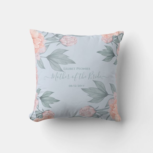Budget Peach Floral Dusty Blue Sage Leaf Wedding Throw Pillow (Front)