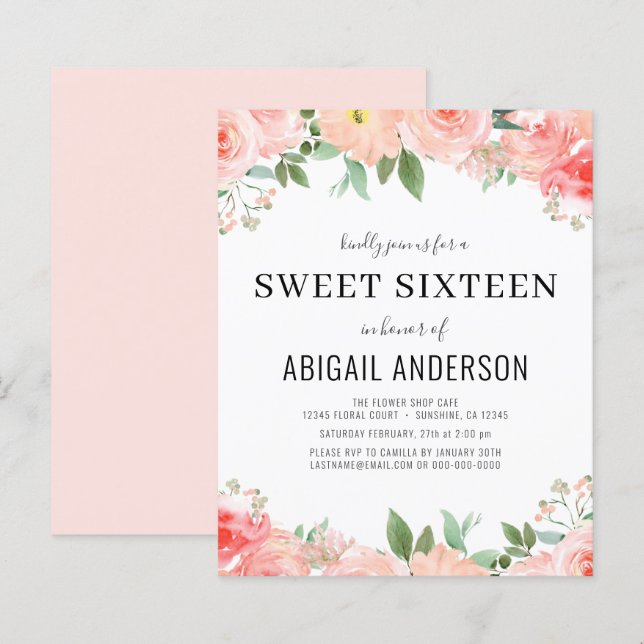 Budget Peach Floral Sweet 16 Birthday Invitation (Front/Back)