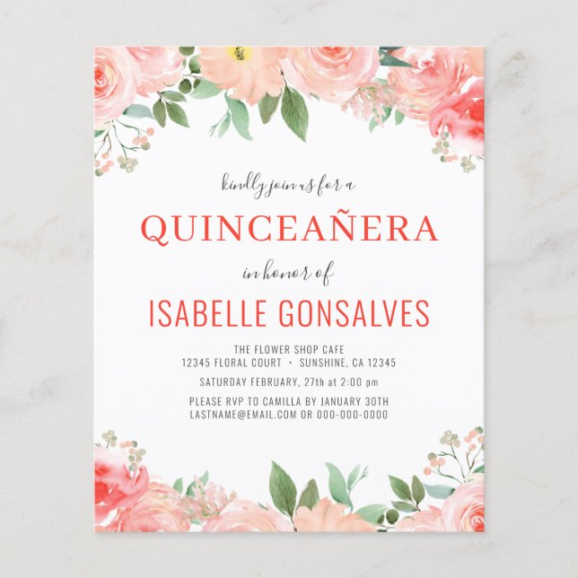 Budget Peach QUINCEAÑERA Birthday Coral Invitation Flyer (Front)