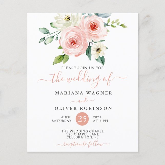 Budget Peach White Watercolor Floral Wedding (Front)