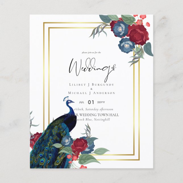 BUDGET  Peacock Blue Burgundy Winter Fall Wedding Flyer (Front)