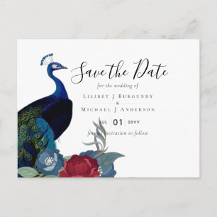 BUDGET Peacock Blue Burgundy Winter Fall Wedding Postcard