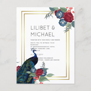 BUDGET Peacock Blue Burgundy Winter Fall Wedding Postcard