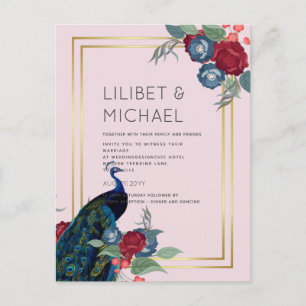 BUDGET Peacock Blue Burgundy Winter Fall Wedding Postcard