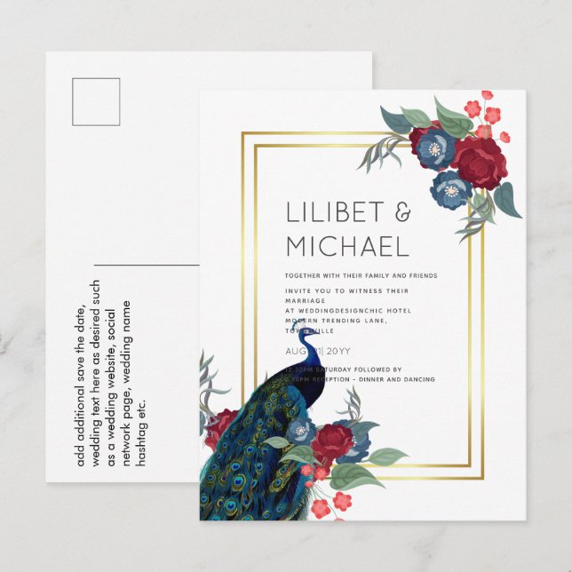 BUDGET  Peacock Blue Burgundy Winter Fall Wedding Postcard (Front/Back)