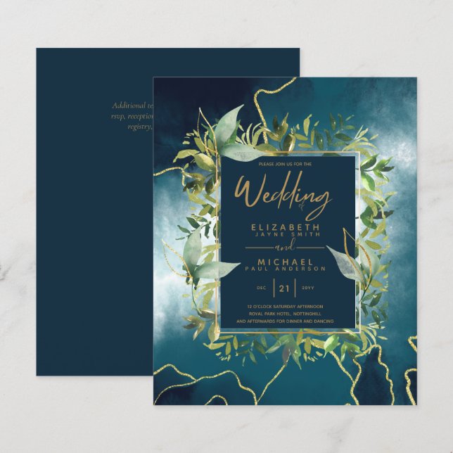 BUDGET  Peacock Blue Gold Greenery Wedding Invites (Front/Back)