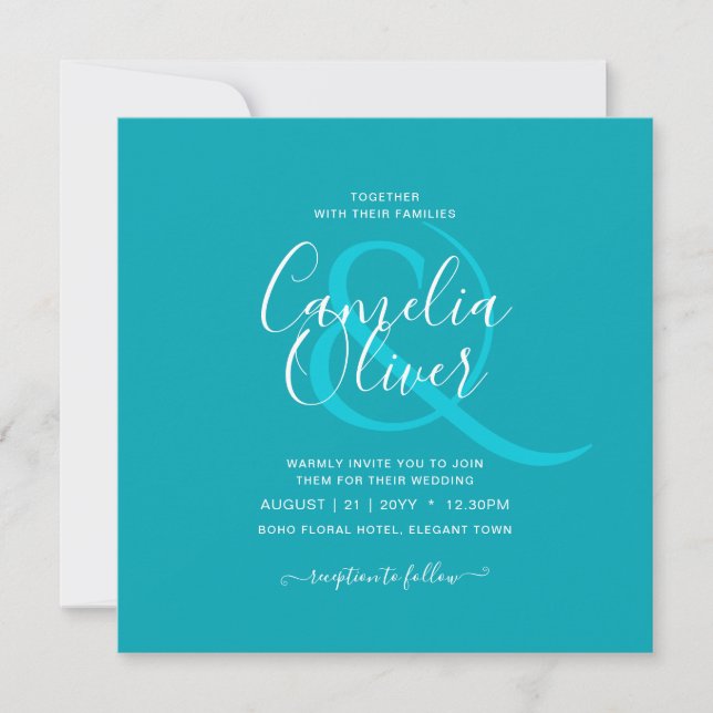 BUDGET Peacock Blue Teal Monochrome Wedding Invitation (Front)