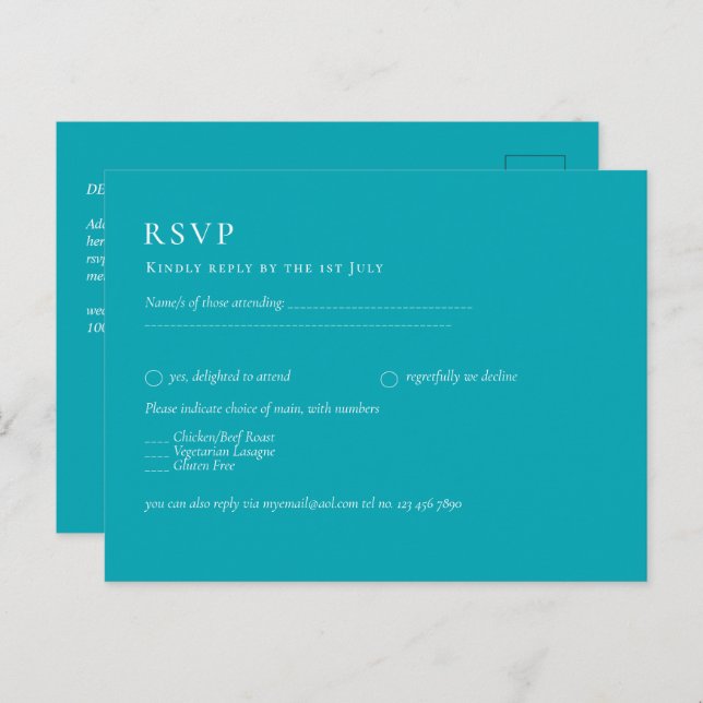 BUDGET Peacock Blue Teal Monochrome Wedding Postcard (Front/Back)