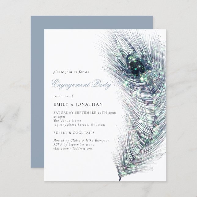 Budget Peacock Feather Engagement Party Invitation (Front/Back)
