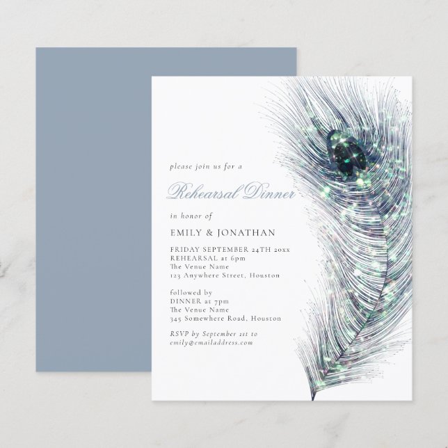 Budget Peacock Feather Rehearsal Dinner Invitation (Front/Back)