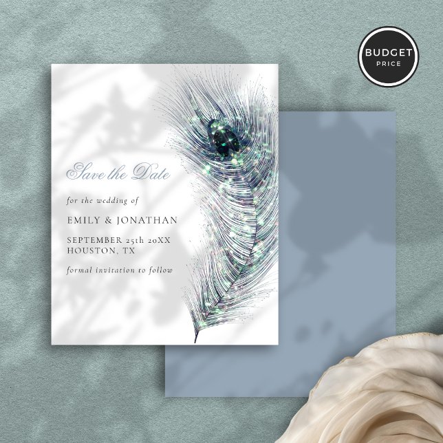 Budget Peacock Feather Wedding Save The Date (Front and back view)