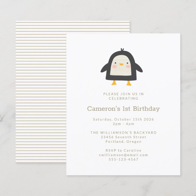 Budget Penguin Simple 1st Birthday Invitation (Front/Back)