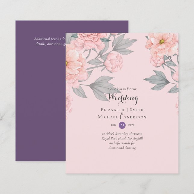 BUDGET  PEONIES Pink Sage Peach Wedding Invite (Front/Back)