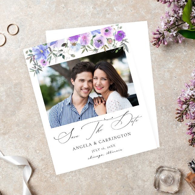 Budget Peri & Purple Floral Photo Save the Date (Creator Uploaded)