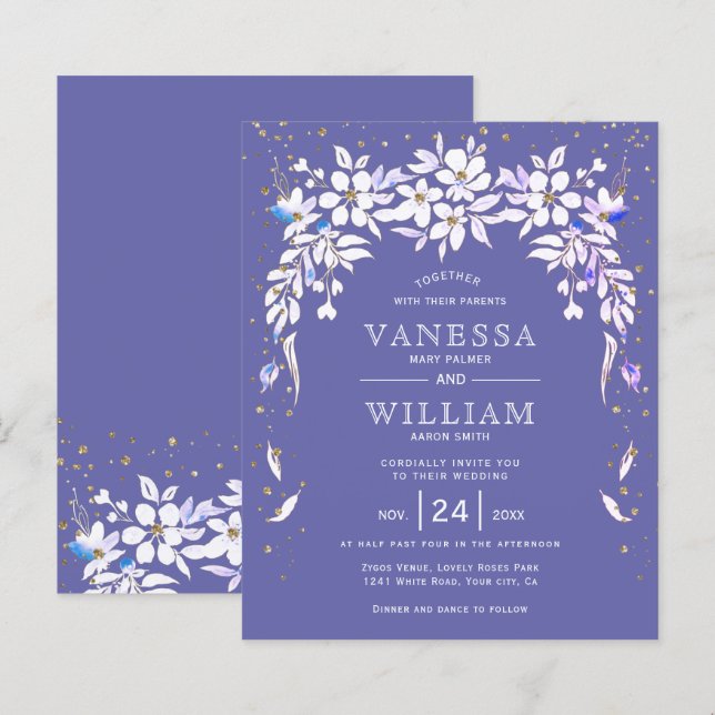 BUDGET periwinkle blue floral wedding invitation (Front/Back)