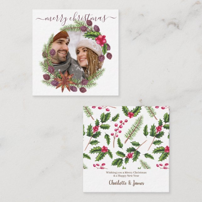 BUDGET Personalized Photo Christmas Holly Wreath Card (Front/Back)