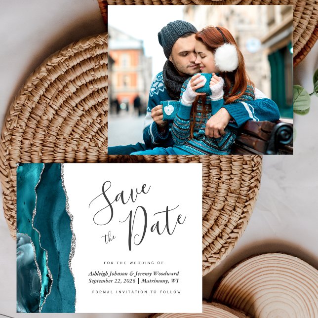 Budget Photo Agate Teal Blue Silver Save the Date (Creator Uploaded)