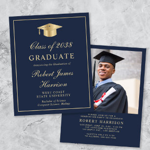 Budget Photo Blue Gold Graduation Party Invitation
