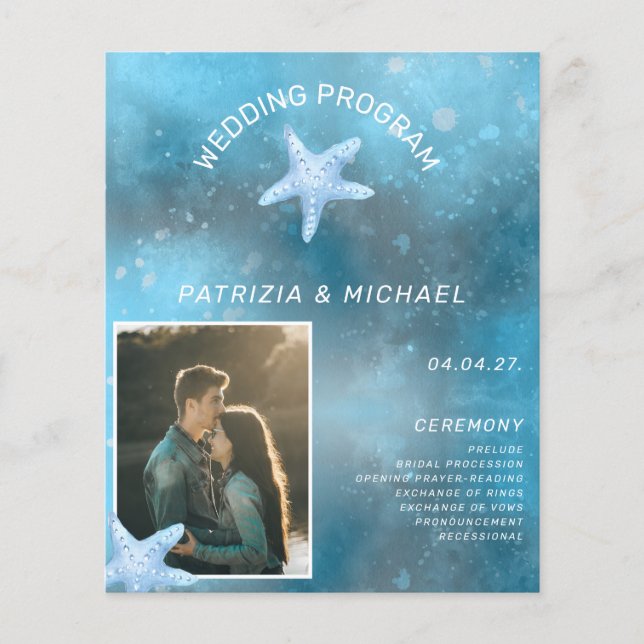 Budget Photo Blue Sea Summer Wedding  Program (Front)