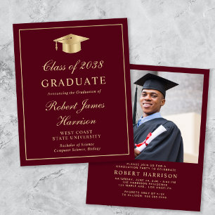 Budget Photo Burgundy Gold Graduation Party Invite