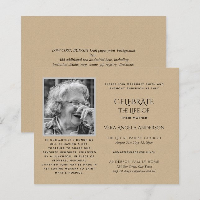 BUDGET PHOTO Celebration of Life INVITATIONS (Front/Back)