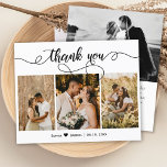 Budget Photo Collage Script Wedding Thank You Card<br><div class="desc">Budget, Elegant, Hand Lettered Script Wedding (3) Three Photo Collage Thank You personalized affordable low budget THIN card. Stylish wedding thank you card template featuring three photo on the front and one photo on the back. ***PLEASE NOTE! *** BUDGET PAPER/FLYER IS THIN. *** UPGRADE THE PAPER FOR A THICKER PAPER....</div>