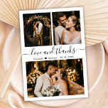 Budget Photo Collage Wedding Thank You Card<br><div class="desc">Budget, Modern, Elegant, Hand Lettering Wedding Three Photo Collage Thank You personalized affordable low budget thin card. Minimalist wedding thank you card template featuring three photo on the front and one photo on the back side. With the text "Love and thanks" in a swirly hand lettered calligraphy script font with...</div>