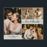 Budget Photo Collage Wedding Thank You Script Card<br><div class="desc">Budget, Elegant, Minimalist Hand Lettered 4 Photo Collage Sage Green Wedding Thank You personalized affordable low budget thin card. Stylish wedding thank you card template featuring four photo on the front and one photo on the back. With the text "Love and thanks" in a swirly hand lettered typography script font...</div>