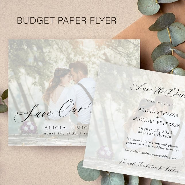Budget photo elegant script wedding save the date flyer (Creator Uploaded)