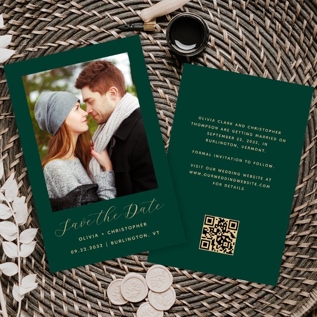 Budget Photo Emerald Gold QR Save the Date (Creator Uploaded)