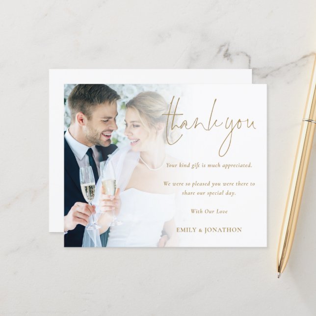 Budget Photo Gold Script Wedding Thank You (Front/Back In Situ)