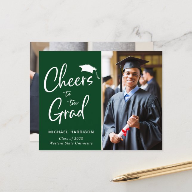 Budget Photo Green Graduation Announcement (Front/Back In Situ)