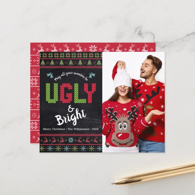 Budget Photo Holiday Ugly Sweater Chalkboard Card (Front/Back In Situ)