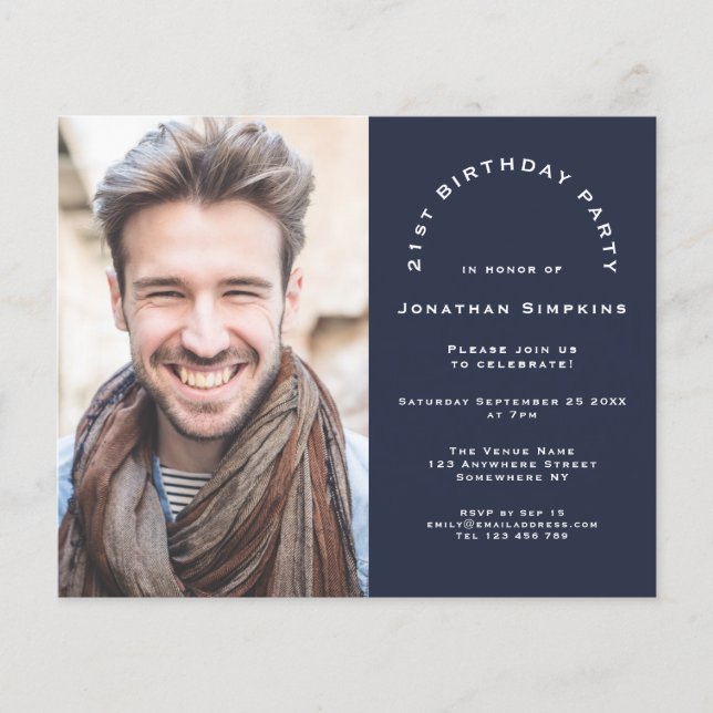 Budget Photo Man 21st Birthday Party Navy Invite (Front)