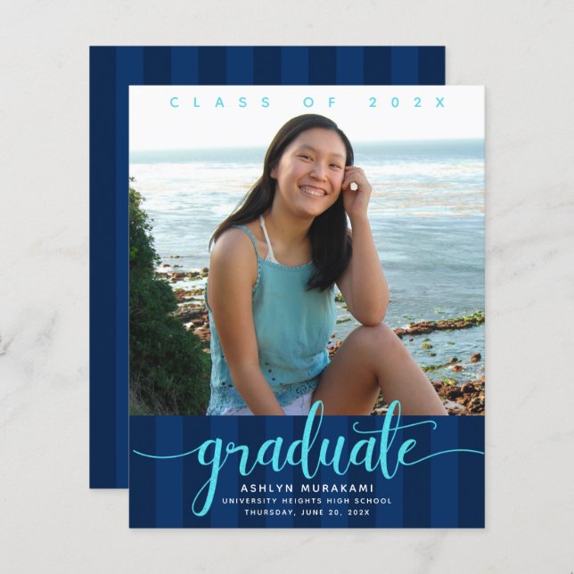 Budget photo navy stripes graduation invitation  (Front/Back)